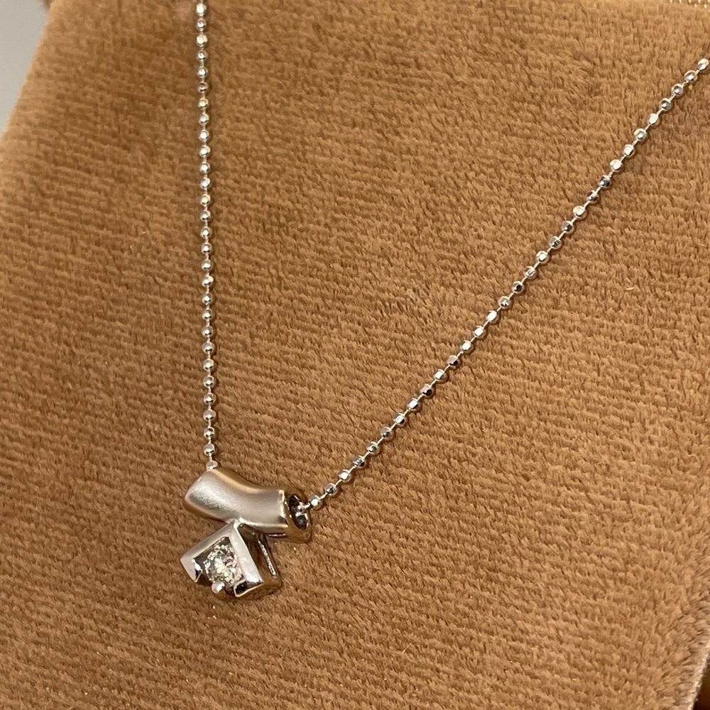 Vintage Solid White Gold 18K Natural Diamond Solitaire Pendant 14K Bead Necklace - Picture 8 of 16